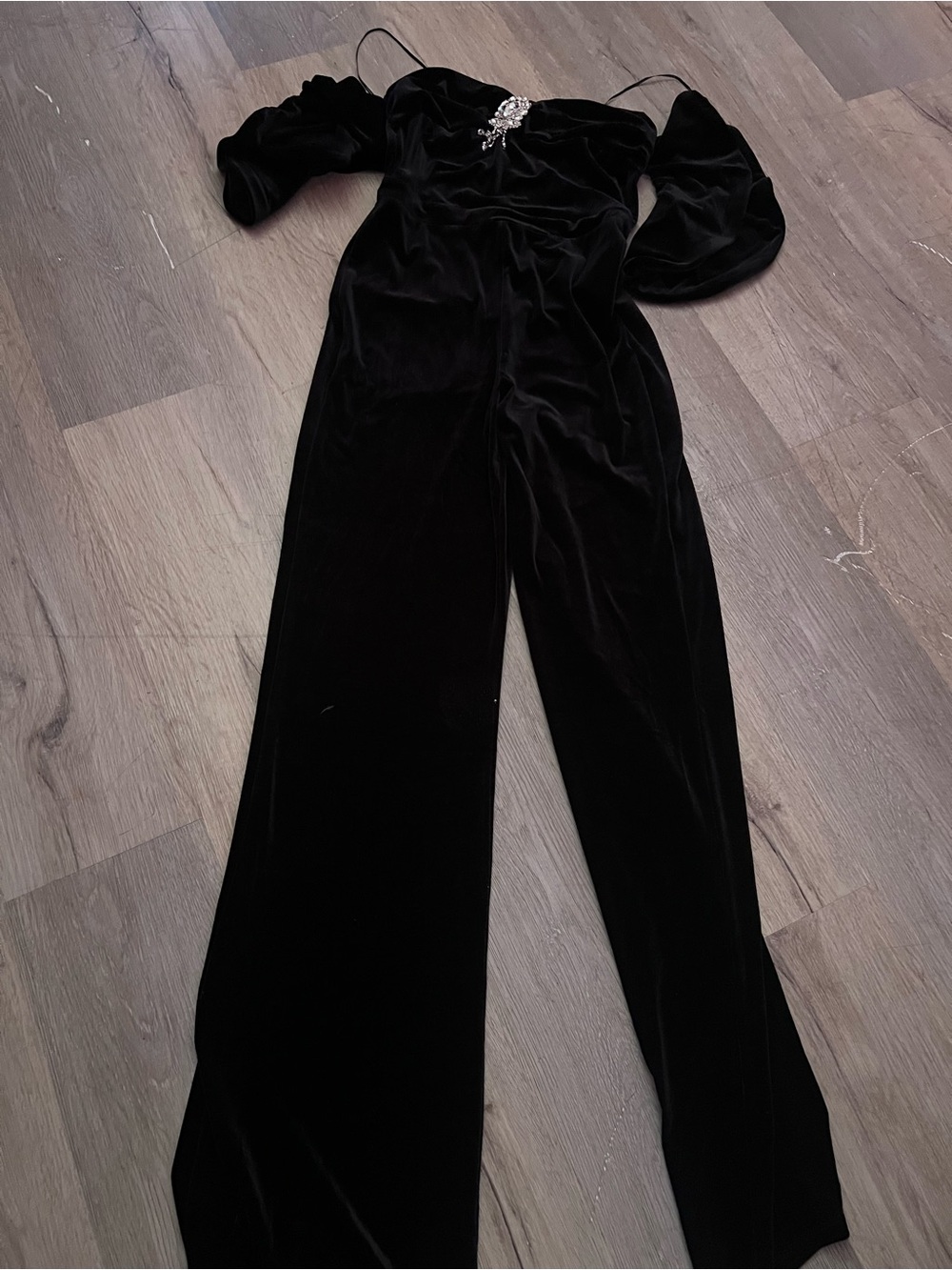 Symphony Black Velvet Off-Shoulder Jumpsuit with Lace Accent